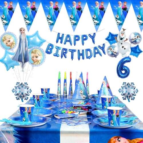 Frozen Elsa Anna Theme Birthday Party Decoration Tableware Tablecloth Paper Napkin Plate Cup Fags Balloon Set Girls Baby Shower