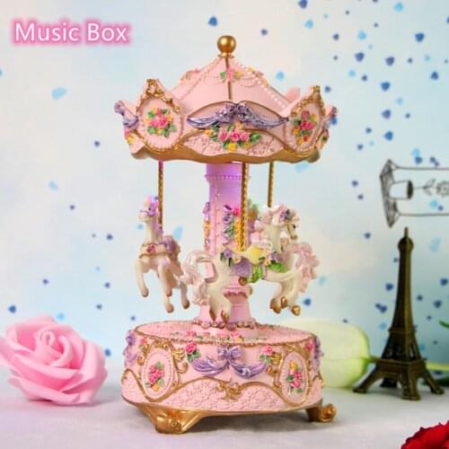 Carousel Music Box Colorful lights Musical Box Resin Childrens Gift Birthday Gift Home Decoration love Daughter Bedroom Sky go