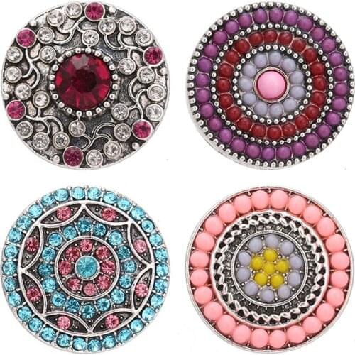 Round Rhinestone and beads colorful flower style 18MM snap buttons fit 18mm snap jewelry bracelets necklacewholesale
