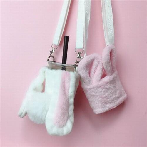 Cute Rabbit Milk Tea Cup Sleeve Coffee Cup Bag Mug Sleeve Adjustable Shoulder Strap for Coffee Milk Tea Cold Drink