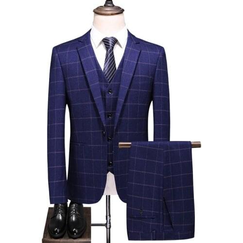 Mens 2021 Slim Fit Plaid 3 Pieces Suit Man Wedding Costume De Mariage Homme Suits Elegant Formal Work Suit(Jacket pant vest)