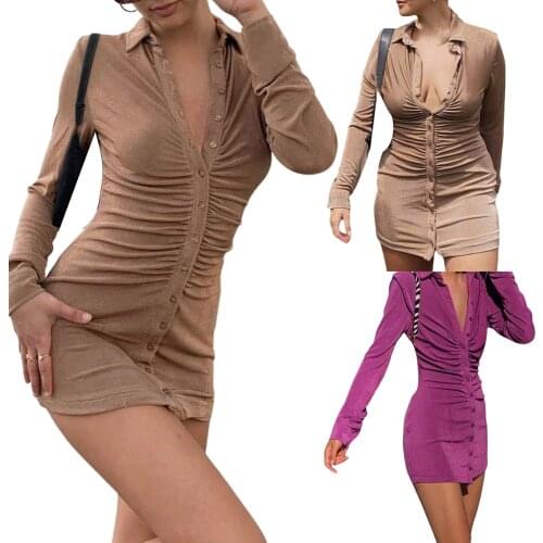 Pleated Turn-Down Collar Button Blouse Dress Women Sexy Long Sleeve Package Hip Mini Dresses Solid Street Female Shirt Vestidos
