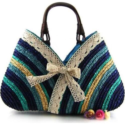 Casual Fashion Bow Rainbow Stripes Lace Bow Bag New Straw Bag