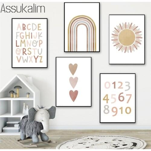 Rainbow Canvas Painting Boho Print Number Wall Pictures ABC Alphabet Poster Nursery Posters And Prints Baby Kids Playroom Decor