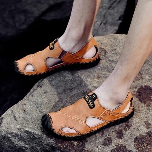 Casual Fashion Men Shoes Slip-On Genuine Leather Soft Non-slip Beach Summer Sandals handmade sewing Slippers men Flats