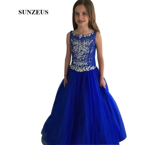 Rhinestones Girls Pageant Dresses Beaded Royal Blue Party Dress For Kids A-line Long Tulle Prom Gowns Children Robe