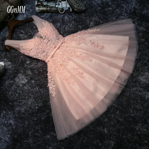 Elegant Pearl Pink Prom Dresses 2021 Short Sexy robes de bal V Neck Appliques Beading Lace Up Knee Length Graduation Party Gowns