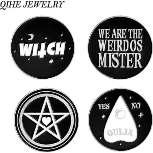 QIHE JEWELRY Black Round Witch,ouija,weirdos,pentagram Enamel pins Lapel pins Witch Wizard Magic Wiccan Jewelry for women