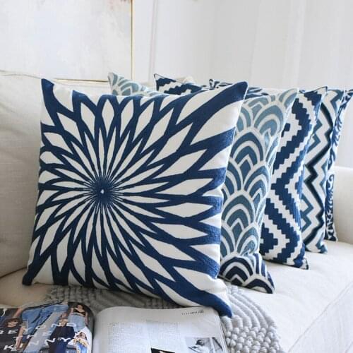 2pcs Cushion Cover Blue Waist Cushion Cover Vintage Pillow Case Sofa Gift Lover Embroidered Home Decorative Pillowcases 45x45cm