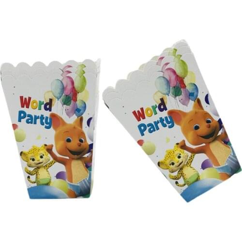 6pcs/lovely Cartoon Word party Disposable Paper Popcorn Boxes Princess Hot Fall Gu theme Birthday Party Popcorn Boxes Supply