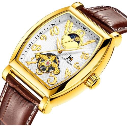 AOKULASIC Moonphase Gold Tonneau Tourbillon Automatic Mechanical Watch Men Genuine Leather Strap Men Clock Male Men Wristwatches