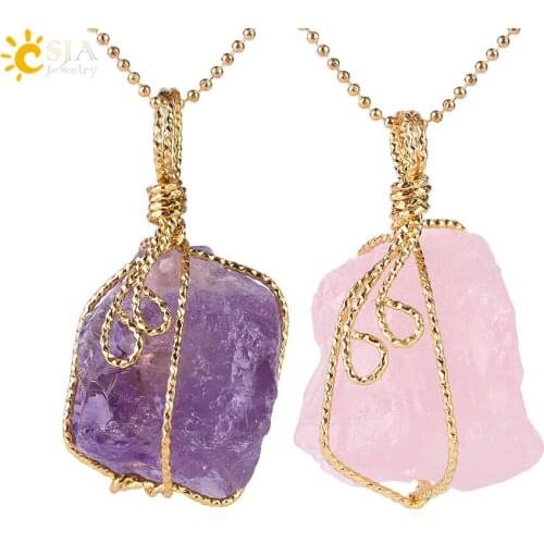 CSJA Suspension Multi Colors Drop Quartz Pendant Necklaces Gold Color Beaded Chain Crystal Women Jewelry Natural Gem Stone E154
