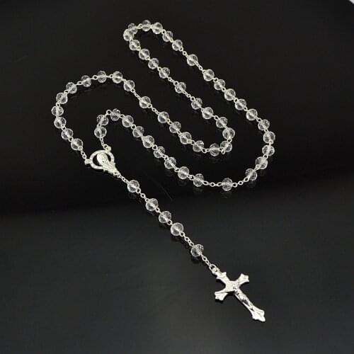Crystal Cross Jesus Rosary Pendant Catholic Necklace Beaded Link Sweater Chain Religious Jewelry