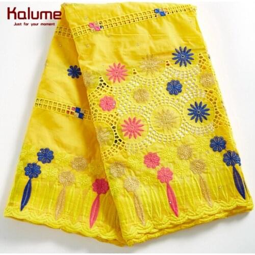 Kalume 100% Cotton Lace Fabric Yellow African Lace Fabric With Stones Nigerian Pure Cotton Lace Fabric For Sewing Dress 2291