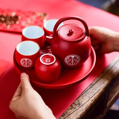 Chinese Wedding Ceramic Teapot Cup Tray Set China Red Double Happiness Teacup Newly-married Gift Box Teapot Creative Teaware