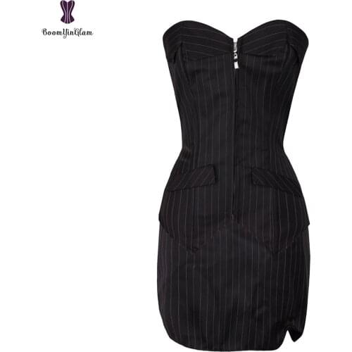 3 Pcs Set Front Zipper Sexy Pinstripe Corset Basque Top With Mini Skirt Secretary Fancy Dress Costume For Party 801
