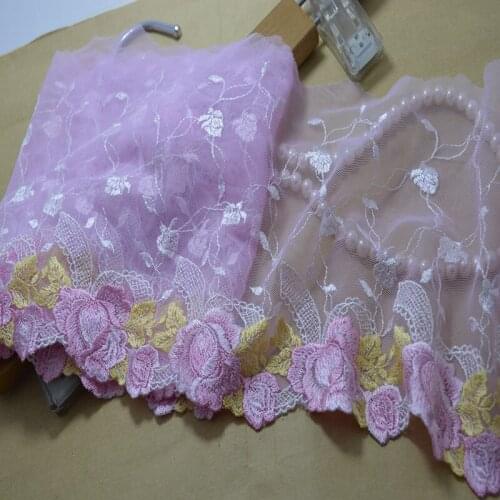 Somelace 18CM wide (2yds/lot)light pink mesh pink floral gold leaves Hight quality embroidery lace fabrics and lace 201721808