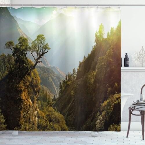 Landscape Panorama Shower Curtain Set Mountain Forest Morning Curtain for Bathroom Decor 12 Hooks Decorative Bath Accessory