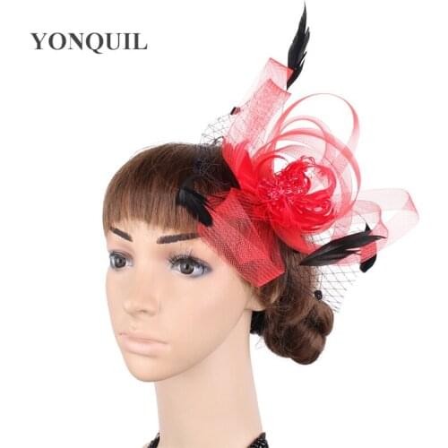 Red Mini Top Hat Fashion Feather Hair Accessories Fascinator Fancy Dress Headwear Black Veils Party Hats Headpieces Multicolors