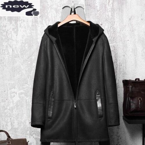 Winter Mens Natural Lamb Mid Long Coat Hoody Thick Wool Lining Real Fur Jacket High Quality Leather Shearling Overcoat 5XL