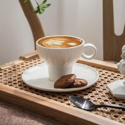 200ml Ins Brief Ceramic Coffee Cup with Tray Kitchen Handgrip Mug Set, afternoon tea set, household water milk cup Black White