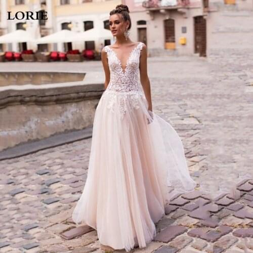 LORIE Champagne A Line Wedding Dress Lace AppliqueTulle Bride Gowns Floor Length Vestido De Novia Country Wedding Gowns