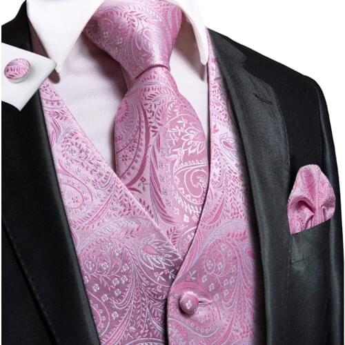 Hi-Tie Pink Paisley Silk Mens Wedding Slim Waistcoat Necktie Set For Suit Dress Party Business 4PCS Vest Tie Hanky Cufflink Set