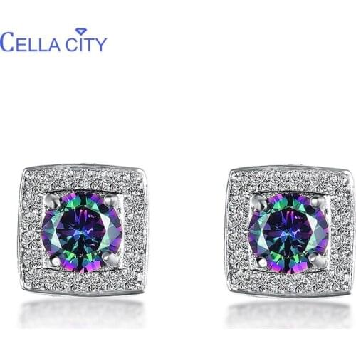 Cellacity Simple Geometry Silver 925 Jewelry Gemstones Earrings for Women square Ear Studs Delicate Female Gift Party Wholesale