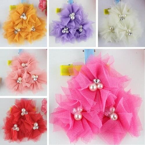 7CM mesh net hair Flower,Boutique Satin Flower Without Clip,Handmade Flower with pearl on center