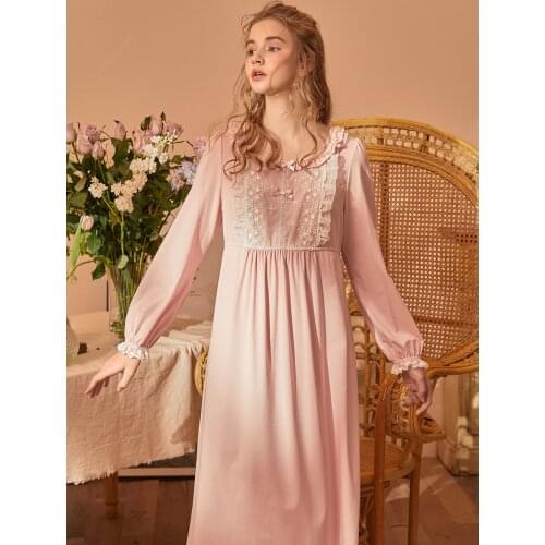 Vintage Delicate Lace Womens Nightgowns Royal Spring Autumn Princess Loose Sweet Long Sleepwear Holiday Dress
