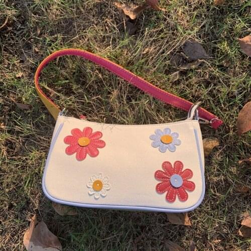 Vintage Flower Women Baguette Underarm Bag Contrast Color Ladies Canvas Purse Handbags Lovely Female Small Shoulder Bags Bolsas