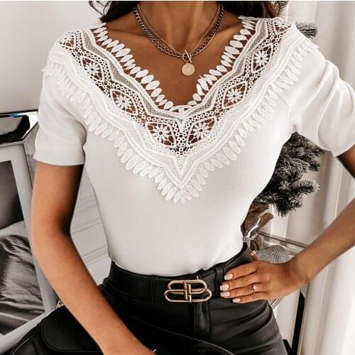 2021 New Women Elegant Short Sleeve Blouses, Crochet Hollow Out Lace V Neck Solid Color T-shirts Tops