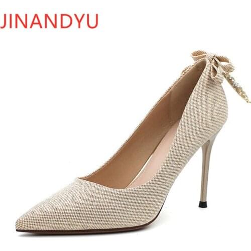 Womens Pumps High Heels Stilettos 6/9cm Pointed Shoes for Women 2021 Fashion Wedding Shoes Bow Decorate Black and Gold Heels