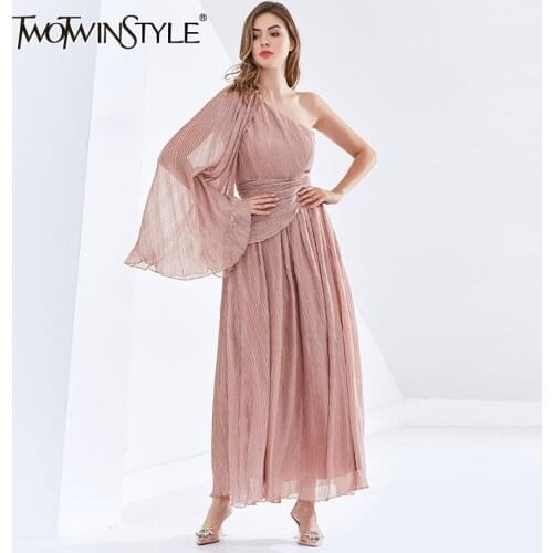 TWOTWINSTYLE Asymmetrical Ruched Dress For Women Irregular Collar Long Sleeve High Waist Maxi Dresses Female Fashion New Style