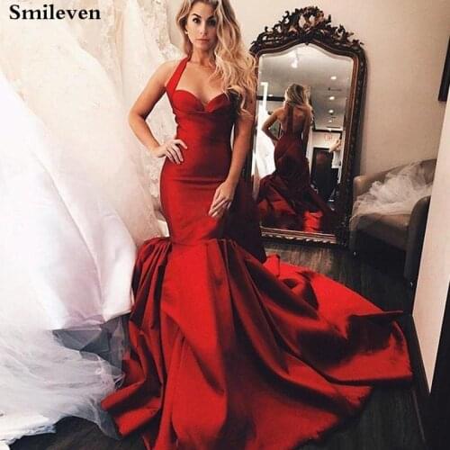Smileven Sexy Red Mermaid Evening Dress Robe de Soiree Longue Halter Satin Evening Party Gowns Vestido de Festa