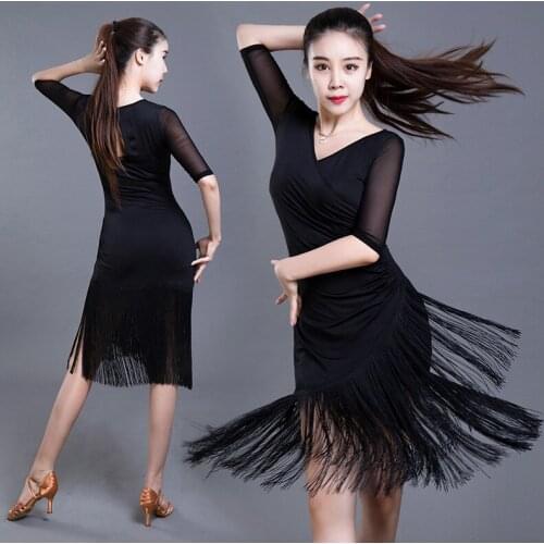 Summer New Latin Dance Dress For Women Sexy V-Neck Tassel Dance Dresses Adult Ballroom Samba Tango Stage Practice Wear DL6090