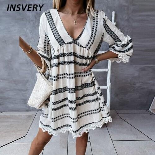 Elegant A-Line Dress Women V Neck Vintage Print Dresses For Women Lace Patchwork Flare Sleeve Beach Party Dress 2021 Short Dress