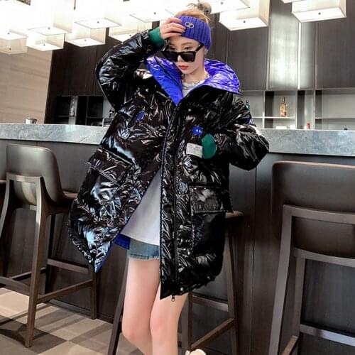 Winter New Padded Down Glossy Jacket Womens Fashion Disposable Korean Style Loose Hooded Color Contrast Cotton-Padded Parkas