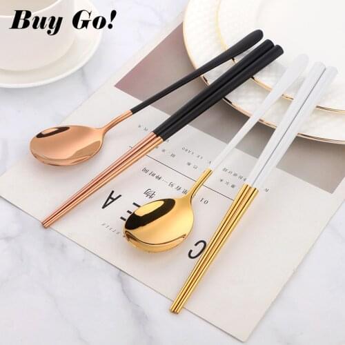 Gold 18/8 Stainless Steel Semicircle Food Chopsticks Spoon Set Long Handle Dessert Spoon Resuable Chopsticks Dinnerware Set HOT