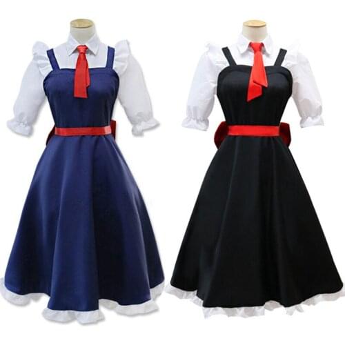 Miss Kobayashis Dragon Maid Tohru Cosplay Anime Maid Blue Black Women Belt Tie Strap Dress Shirt Set