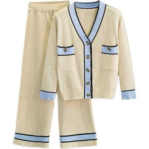 2 Pieces Set Women Knitted Tracksuit Cardigan Sweater + Wide Leg Pants Knitted Pants Two-piece Suit Knitted Outwear Sweater Suit