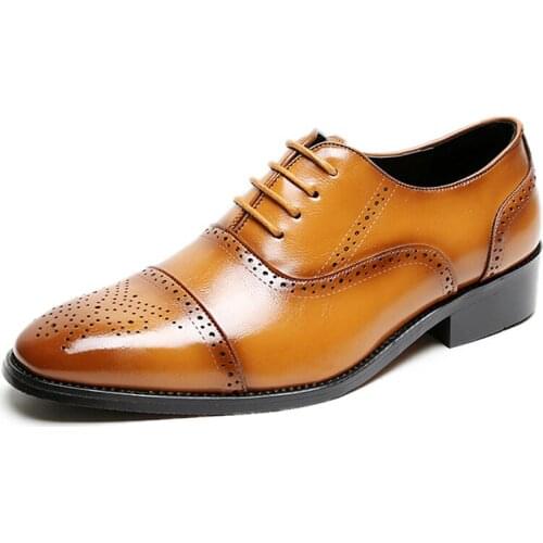 ZSAUAN Oxford-captoe PU Leather Men Dress Shoes Retro Full Brogue Lace-up Black Mens Formal Shoes Wedding Brown Big Size 45 46