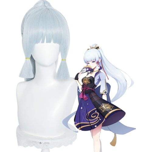 Genshin Impact Cosplay Shenli Linghua Wig Kamisato Ayaka Long Straight Ponytail Bangs Temples Synthetic Hair Role Play