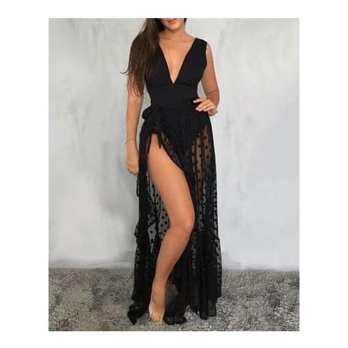 Sexy Women Mesh Sheer Beach Holiday Ruffled Sunscreen Bikini Cover Up Wrap Belted Bow knot tied Long Skirt Summer Holiday
