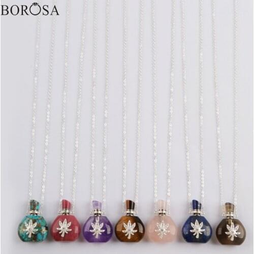 Silver Plated Natural Gems Stones Perfume Bottle Pendant Necklaces CZ Micro Pave Leaf Essential Oil Diffuser Connector S1976