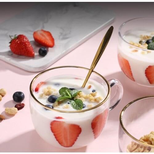 480ml Gold Edge Transparent Crystal Glasses Coffee Mug With Spoon Wooden Lid Breakfast Milk Drinkware Juice Tea Drinking Cup
