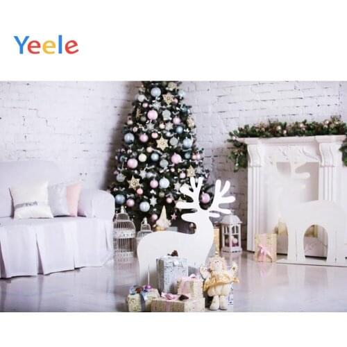 Christmas Tree Sofa Fireplace Deer Wooden Floor Brick Wall Backdrop Photography Custom Photographic Background For Photo Studio