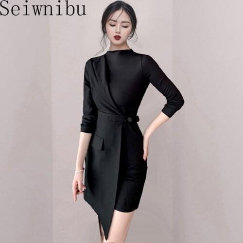 Seiwnibu 2021Autumn Womens Suit Stitching Knitted Fake Two Ladies Dresses Office Lady Polyester Solid Zippers Knee-Length