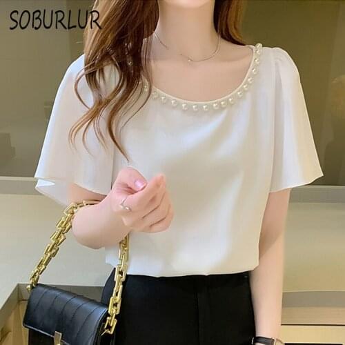 Chiffon Shirts Women Summer New Casual Short Sleeve Women’s Blouses Pearl Decoration White Shirts O-neck Simplicity Tops Female