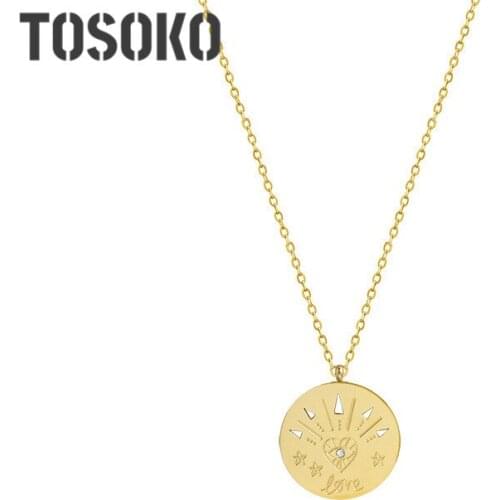 TOSOKO Stainless Steel Jewelry Lucky Symbol Love Coin Necklace Women Fashion Clavicle Chain BSP732